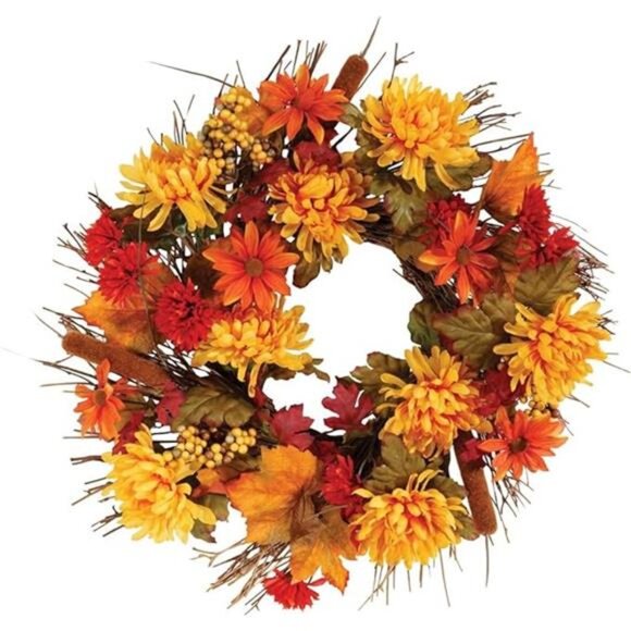 Fall Mum Wreath by OakRidge„¢, 18" Diameter, Silk Floral Autumn Home Decor - Picture 3 of 3
